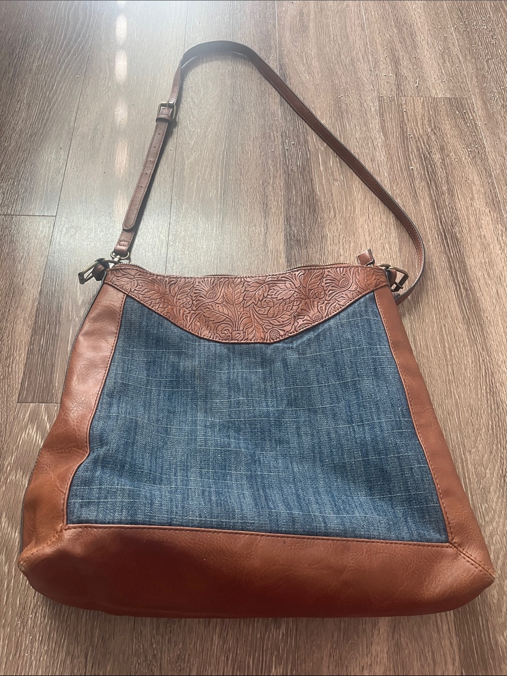 Pioneer Woman Denim & Brown Faux Leather Shoulder Bag with Floral Tooled Trim